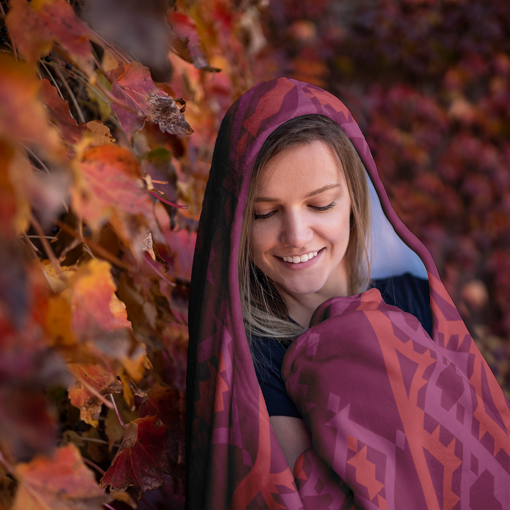 Hooded Microfiber Blanket - Maroon / Orange Pattern