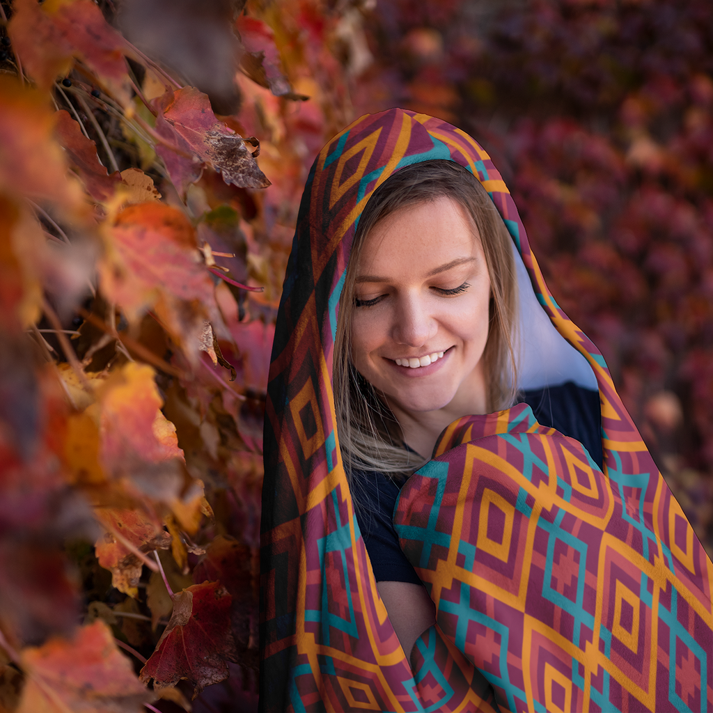 Hooded Microfiber Blanket - Blue / Orange Pattern
