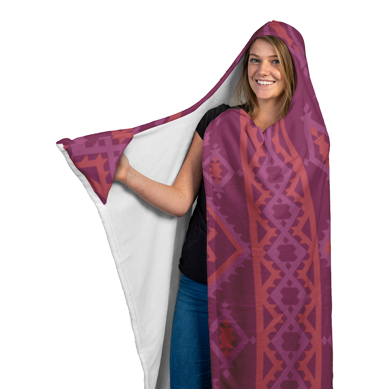 Hooded Microfiber Blanket - Maroon / Orange Pattern